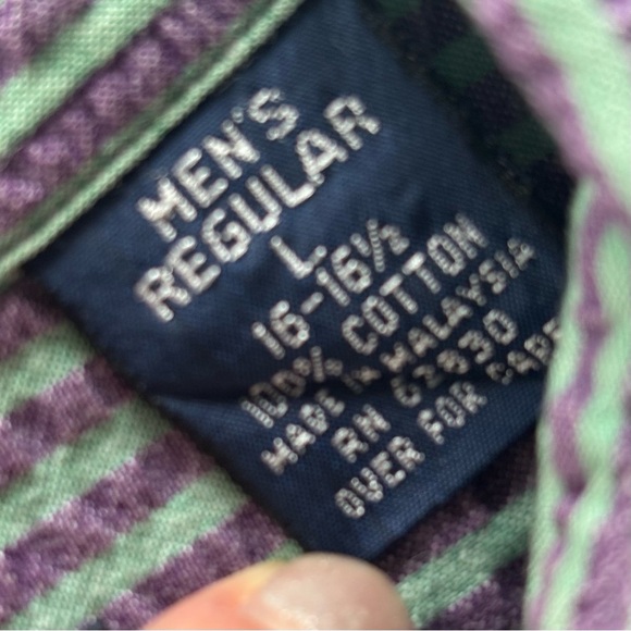 VTG LANDS’ END Men’s Purple and Green Striped Short Sleeve Button Down Shirt L - Picture 9 of 12